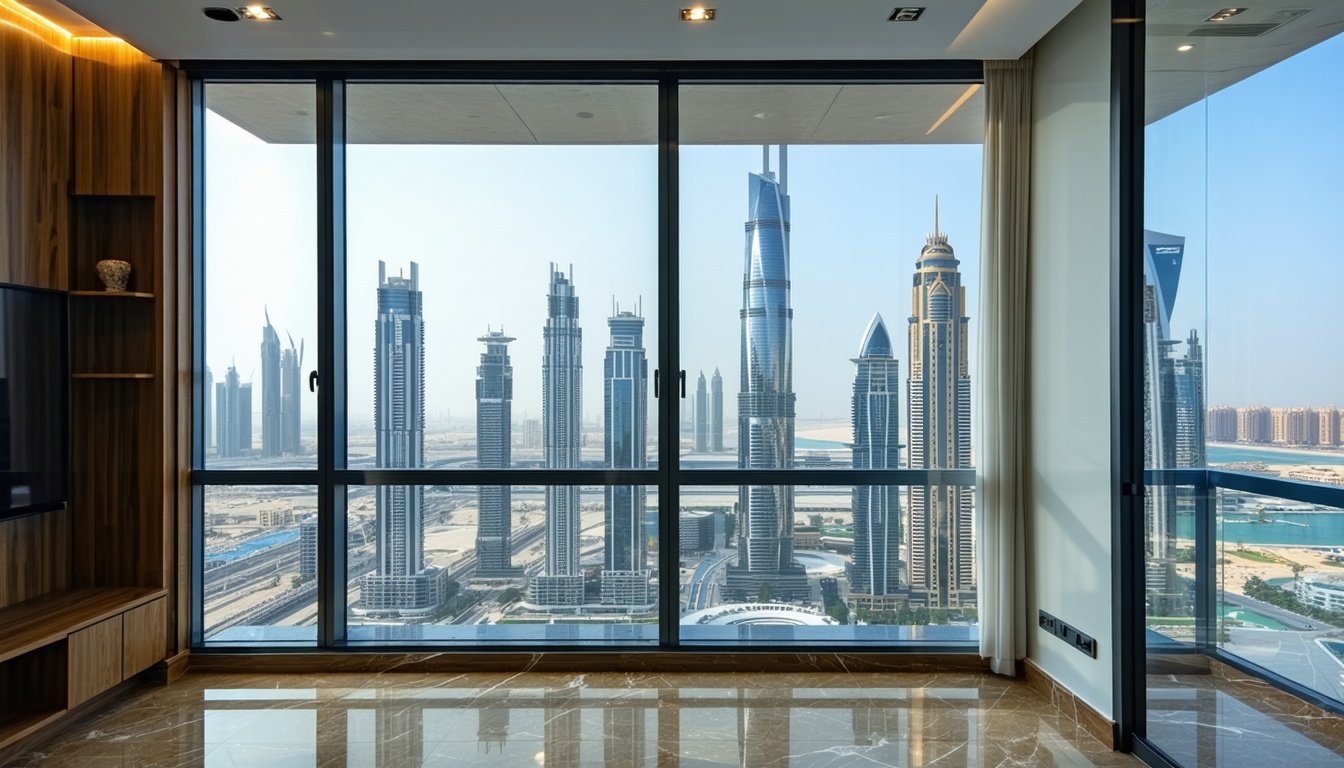 Modern Dubai apartment with city skyline view